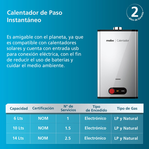 Calentador Instantáneo de Gas Natural 2.5 Servicios 14 L Gris Mabe - CIM142SNA