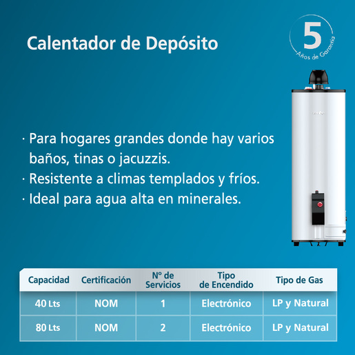 Calentador automático de Depósito Gas Natural 1 servicio 38 L (10 Galones) Mabe - CDM40SNA