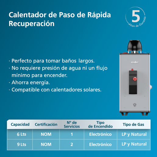 Calentador de Paso Rápida Recuperación Gas Natural 1 Servicio 6 L/min Mabe - CRM06SNA