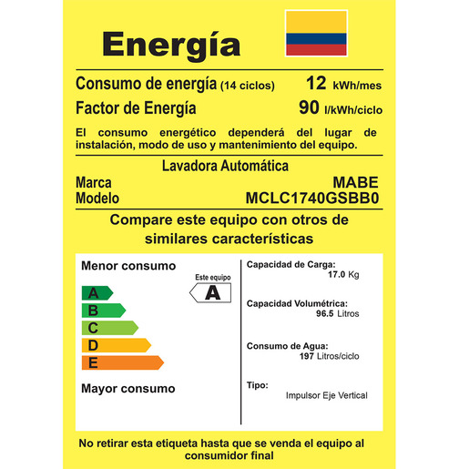 Centro de lavado gas natural 17 kg Blanco Mabe 120 Volts - MCL1740GSBB0